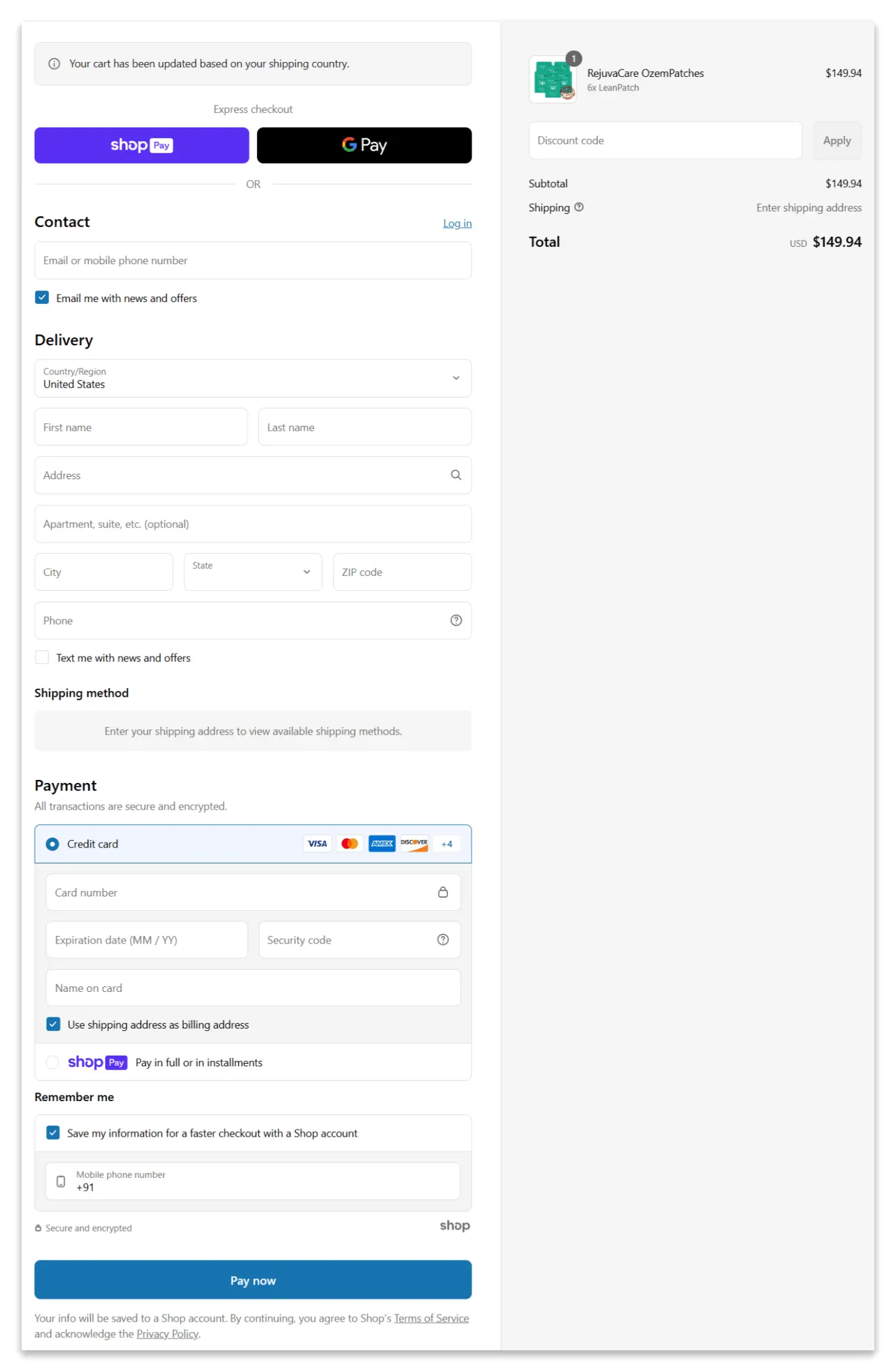 RejuvaCare OzemPatch secure checkout page